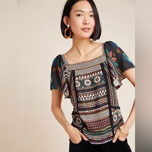 FARM RIO ANTHROPOLOGIE Womens Nicolasa Blouse Size XL Black Graphic Short Sleeve